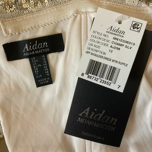 Aidan Mattox Sequined One Shoulder Ruffled Sheath Cocktail Dress Silver Size 12 - Picture 10 of 14